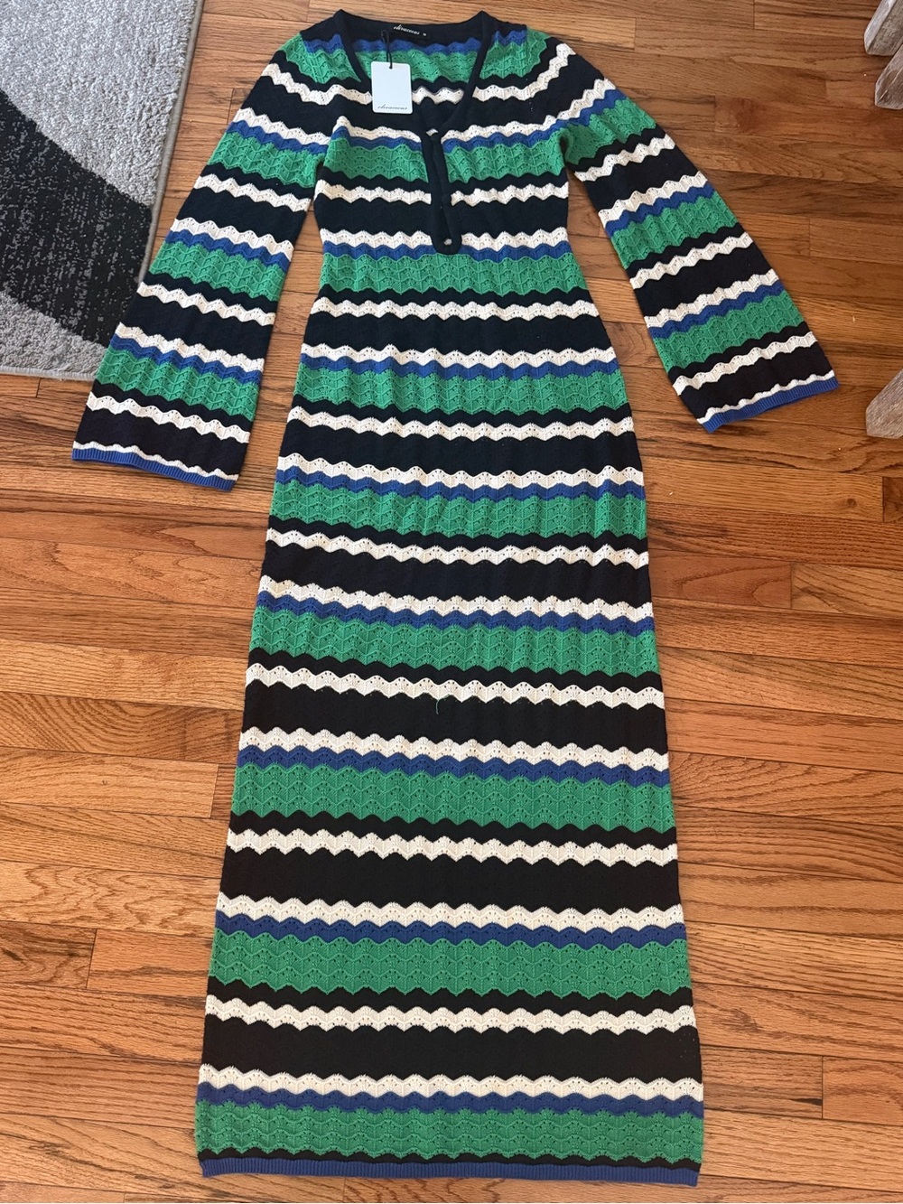 Olivaceous Black, Green, White & Blue Striped Crochet Maxi Dress
